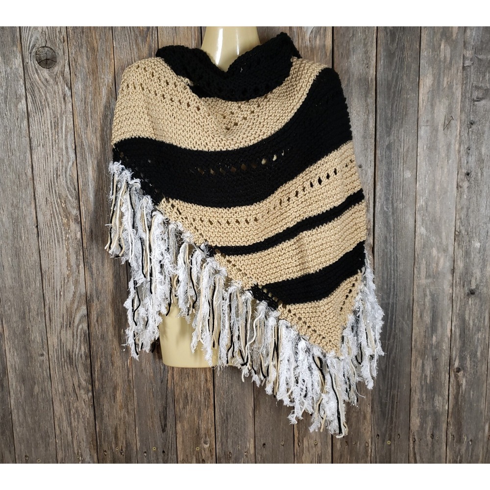 NEW Black Beige Knit Shawl‎ Wrap Boho Indie Artsy Festival Cottage Hippie Chic - Picture 7 of 9